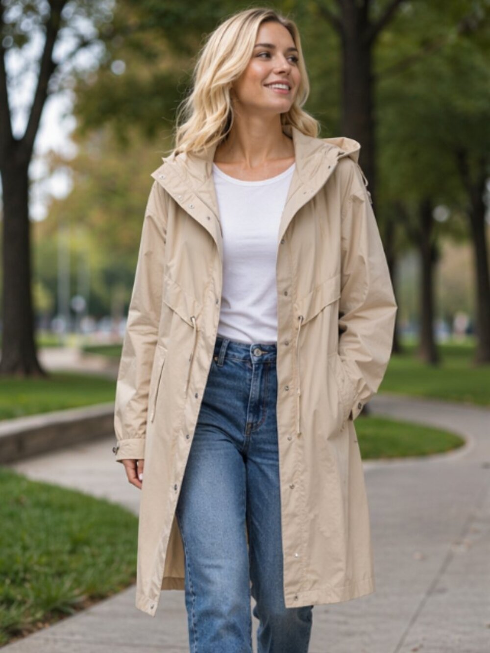 Semir Beige Hooded Drawstring Waist Anorak Jacket L